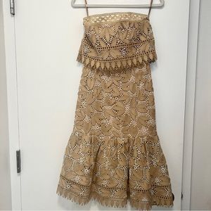 Tan eyelet strapless midi dress with flair! Perfect for wedding guest!
